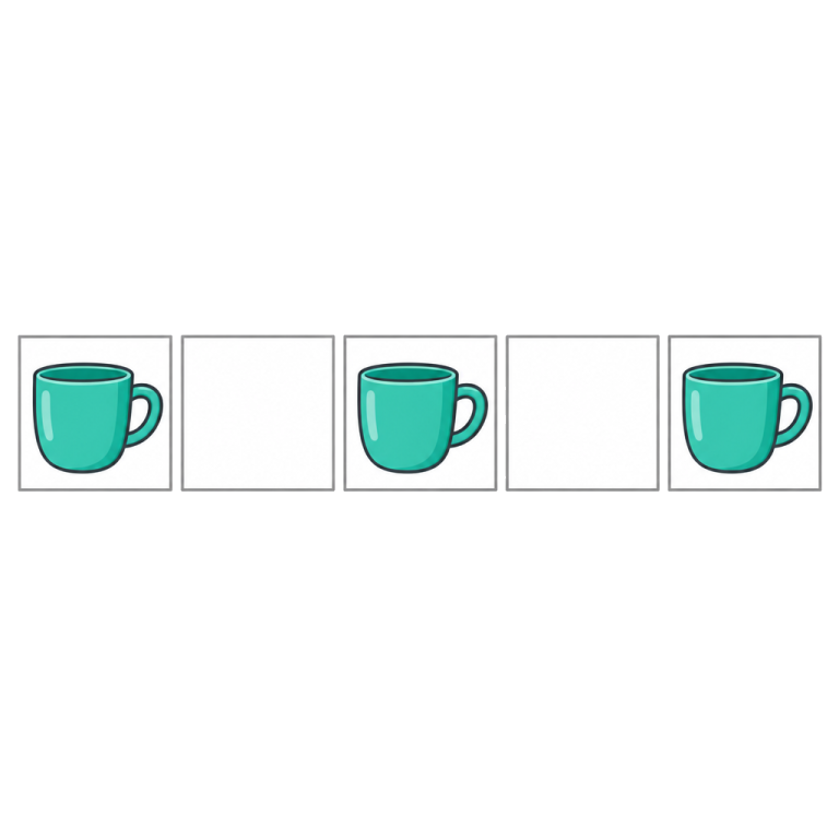 Fünf Kästchen: Im ersten, dritten und fünften steht je eine grüne Tasse; zwei Kästchen sind leer.