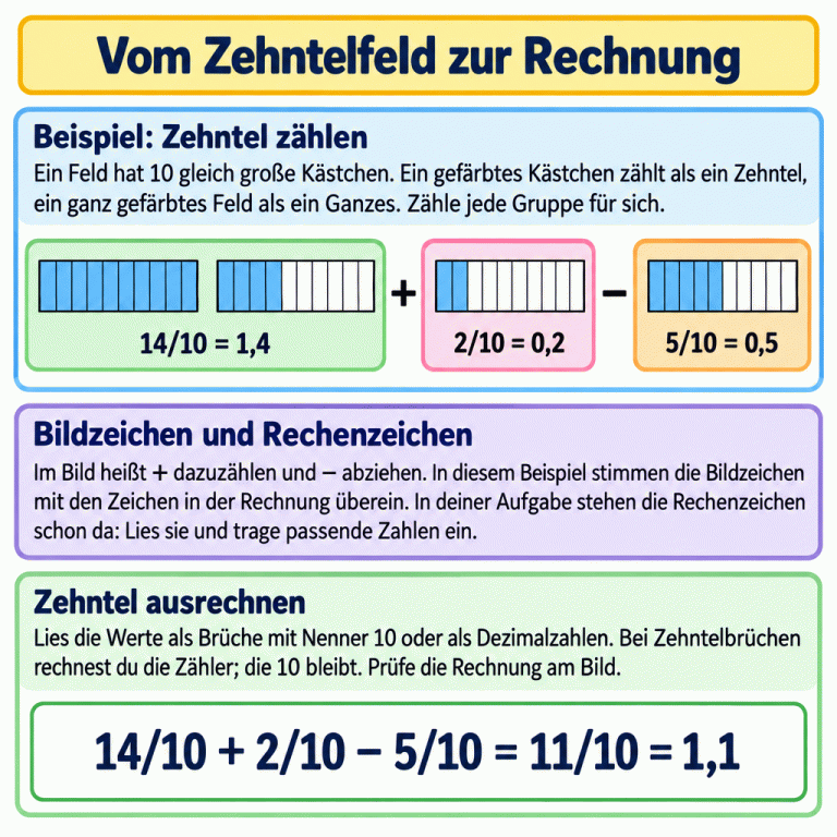 Lehrbeispiel mit Zehntelfeldern: Ein vollständig markiertes Feld und vier weitere Kästchen ergeben 14 Zehntel oder 1,4. Zwei Zehntel kommen dazu, fünf werden abgezogen. Die getrennt gedruckte Rechnung zeigt 14/10 + 2/10 − 5/10 = 11/10 = 1,1. Die Texte erklären, wie Bildzeichen und vorgegebene Rechenzeichen zu lesen sind. Vom Zehntelfeld zur Rechnung Beispiel: Zehntel zählen: Ein Feld hat 10 gleich große Kästchen. Ein gefärbtes Kästchen zählt als ein Zehntel, ein ganz gefärbtes Feld als ein Ganzes. Zähle jede Gruppe für sich. Bildzeichen und Rechenzeichen: Im Bild heißt + dazuzählen und − abziehen. In diesem Beispiel stimmen die Bildzeichen mit den Zeichen in der Rechnung überein. In deiner Aufgabe stehen die Rechenzeichen schon da: Lies sie und trage passende Zahlen ein. Zehntel ausrechnen: Lies die Werte als Brüche mit Nenner 10 oder als Dezimalzahlen. Bei Zehntelbrüchen rechnest du die Zähler; die 10 bleibt. Prüfe die Rechnung am Bild. 14/10 = 1,4 + 2/10 = 0,2 − 5/10 = 0,5 14/10 + 2/10 − 5/10 = 11/10 = 1,1