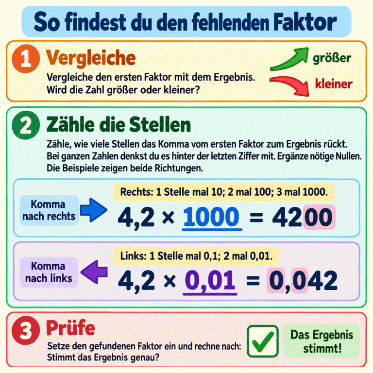 Lernkarte zum fehlenden Faktor: Vergleiche den ersten Faktor mit dem Ergebnis und zähle die Stellen, um die das Komma rückt. Rechts passen die Faktoren 10, 100 oder 1000, links 0,1 oder 0,01. Zwei Beispiele zeigen 4,2 × 1000 = 4200 und 4,2 × 0,01 = 0,042. Zum Schluss wird die Rechnung geprüft. So findest du den fehlenden Faktor Vergleiche: Vergleiche den ersten Faktor mit dem Ergebnis. Wird die Zahl größer oder kleiner? Zähle die Stellen: Zähle, wie viele Stellen das Komma vom ersten Faktor zum Ergebnis rückt. Bei ganzen Zahlen denkst du es hinter der letzten Ziffer mit. Ergänze nötige Nullen. Die Beispiele zeigen beide Richtungen. Prüfe: Setze den gefundenen Faktor ein und rechne nach: Stimmt das Ergebnis genau? Rechts: 1 Stelle mal 10; 2 mal 100; 3 mal 1000. 4,2 × 1000 = 4200 Links: 1 Stelle mal 0,1; 2 mal 0,01. 4,2 × 0,01 = 0,042 1 größer kleiner 2 Komma nach rechts Komma nach links 3 ✓ Das Ergebnis stimmt!
