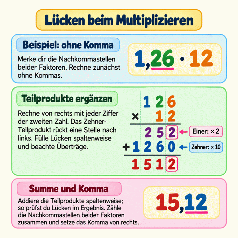 Lernkarte mit dem Beispiel 1,26 · 12. Ohne Komma werden 126 und 12 schriftlich multipliziert: Die Teilprodukte 252 und 1260 ergeben 1512. Nach dem Zählen der Nachkommastellen beider Faktoren wird daraus 15,12. Die Texte erklären, wie man Lücken mithilfe von Stellenwertspalten und Überträgen prüft. Lücken beim Multiplizieren Beispiel: ohne Komma: Merke dir die Nachkommastellen beider Faktoren. Rechne zunächst ohne Kommas. Teilprodukte ergänzen: Rechne von rechts mit jeder Ziffer der zweiten Zahl. Das Zehner-Teilprodukt rückt eine Stelle nach links. Fülle Lücken spaltenweise und beachte Überträge. Summe und Komma: Addiere die Teilprodukte spaltenweise; so prüfst du Lücken im Ergebnis. Zähle die Nachkommastellen beider Faktoren zusammen und setze das Komma von rechts. 1,26 · 12 126 × 12 252 Einer: × 2 + 1260 Zehner: × 10 1512 15,12