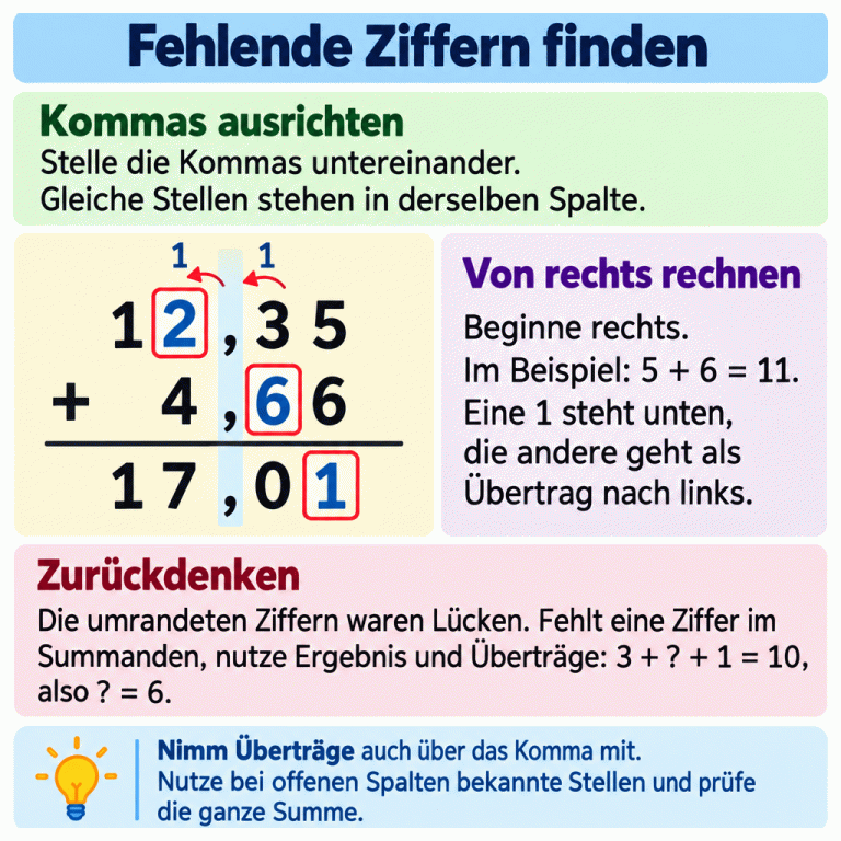 Lernkarte mit der schriftlichen Beispieladdition 12,35 + 4,66 = 17,01. Die Kommas stehen untereinander. Gerahmt sind ergänzte Ziffern in beiden Summanden und im Ergebnis. Kleine Einsen zeigen die Überträge zu den Zehnteln und über das Komma zu den Einern. Daneben erklären kurze Texte das Addieren von rechts, das Zurückdenken und die Probe. Fehlende Ziffern finden Kommas ausrichten: Stelle die Kommas untereinander. Gleiche Stellen stehen in derselben Spalte. Von rechts rechnen: Beginne rechts. Im Beispiel: 5 + 6 = 11. Eine 1 steht unten, die andere geht als Übertrag nach links. Zurückdenken: Die umrandeten Ziffern waren Lücken. Fehlt eine Ziffer im Summanden, nutze Ergebnis und Überträge: 3 + ? + 1 = 10, also ? = 6. Nimm Überträge auch über das Komma mit. Nutze bei offenen Spalten bekannte Stellen und prüfe die ganze Summe. 12,35 + 4,66 17,01 1