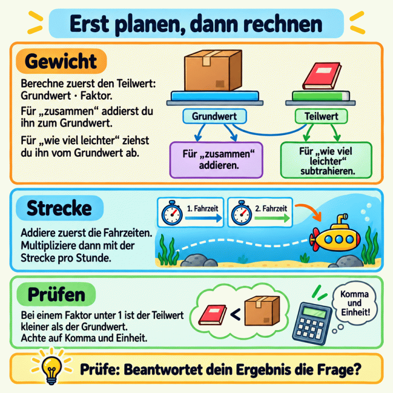 Lernkarte zu Sachaufgaben mit Dezimalzahlen: Einen Teilwert durch Multiplikation berechnen und je nach Frage addieren oder subtrahieren. Bei einer Fahrt erst die Zeiten addieren, dann die Strecke berechnen. Komma, Einheit und Fragestellung prüfen. Erst planen, dann rechnen Gewicht: Berechne zuerst den Teilwert: Grundwert · Faktor. Für „zusammen“ addierst du ihn zum Grundwert. Für „wie viel leichter“ ziehst du ihn vom Grundwert ab. Strecke: Addiere zuerst die Fahrzeiten. Multipliziere dann mit der Strecke pro Stunde. Prüfen: Bei einem Faktor unter 1 ist der Teilwert kleiner als der Grundwert. Achte auf Komma und Einheit. Prüfe: Beantwortet dein Ergebnis die Frage? Grundwert Teilwert Für „zusammen“ addieren. Für „wie viel leichter“ subtrahieren. 1. Fahrzeit 2. Fahrzeit < Komma und Einheit!