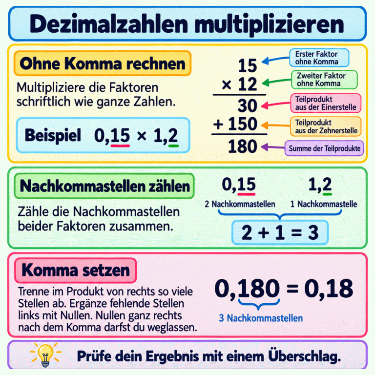 Drei Schritte zur schriftlichen Multiplikation von Dezimalzahlen: Im Beispiel wird 0,15 × 1,2 ohne Kommas als 15 × 12 gerechnet. Die Teilprodukte 30 und 150 ergeben 180. Zwei und eine Nachkommastelle sind zusammen drei; daraus wird 0,180. Die letzte Null nach dem Komma kann entfallen: 0,18. Dezimalzahlen multiplizieren Ohne Komma rechnen: Multipliziere die Faktoren schriftlich wie ganze Zahlen. Nachkommastellen zählen: Zähle die Nachkommastellen beider Faktoren zusammen. Komma setzen: Trenne im Produkt von rechts so viele Stellen ab. Ergänze fehlende Stellen links mit Nullen. Nullen ganz rechts nach dem Komma darfst du weglassen. Prüfe dein Ergebnis mit einem Überschlag. Beispiel 0,15 × 1,2 15 × 12 30 + 150 180 2 + 1 = 3 0,180 = 0,18 Erster Faktor ohne Komma Zweiter Faktor ohne Komma Teilprodukt aus der Einerstelle Teilprodukt aus der Zehnerstelle Summe der Teilprodukte 0,15 1,2 2 Nachkommastellen 1 Nachkommastelle 3 Nachkommastellen