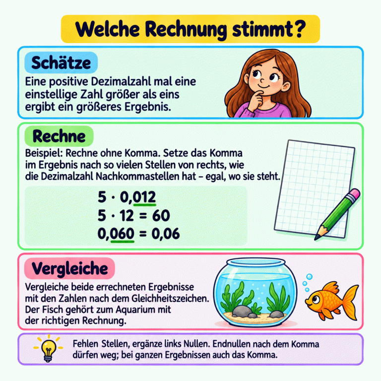 Lernkarte zum Prüfen von Dezimal-Malrechnungen: erst die Größe abschätzen, dann ohne Komma rechnen und das Komma passend setzen. Das Beispiel zeigt 5 · 0,012, danach 5 · 12 = 60 und schließlich 0,060 = 0,06. Ein Fisch wartet neben einem Aquarium, während die Ergebnisse verglichen werden. Welche Rechnung stimmt? Schätze: Eine positive Dezimalzahl mal eine einstellige Zahl größer als eins ergibt ein größeres Ergebnis. Rechne: Beispiel: Rechne ohne Komma. Setze das Komma im Ergebnis nach so vielen Stellen von rechts, wie die Dezimalzahl Nachkommastellen hat – egal, wo sie steht. Vergleiche: Vergleiche beide errechneten Ergebnisse mit den Zahlen nach dem Gleichheitszeichen. Der Fisch gehört zum Aquarium mit der richtigen Rechnung. Fehlen Stellen, ergänze links Nullen. Endnullen nach dem Komma dürfen weg; bei ganzen Ergebnissen auch das Komma. 5 · 0,012 5 · 12 = 60 0,060 = 0,06