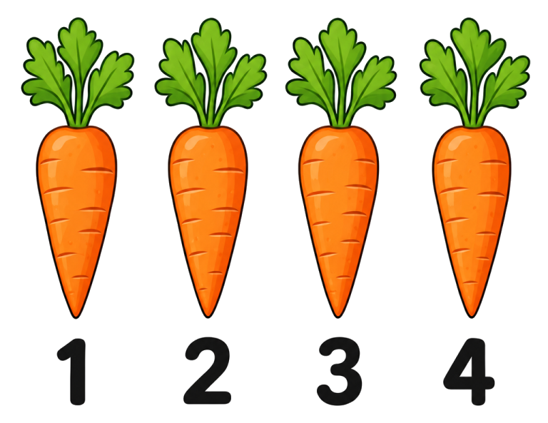 Vier Karotten in einer Reihe. Darunter stehen passend von links nach rechts die Ziffern 1, 2, 3 und 4.
