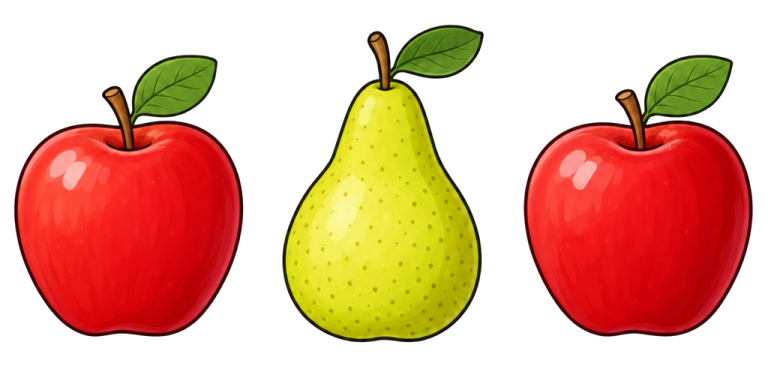 Drei Früchte in einer Reihe: ein roter Apfel, eine gelbgrüne Birne und ein roter Apfel.