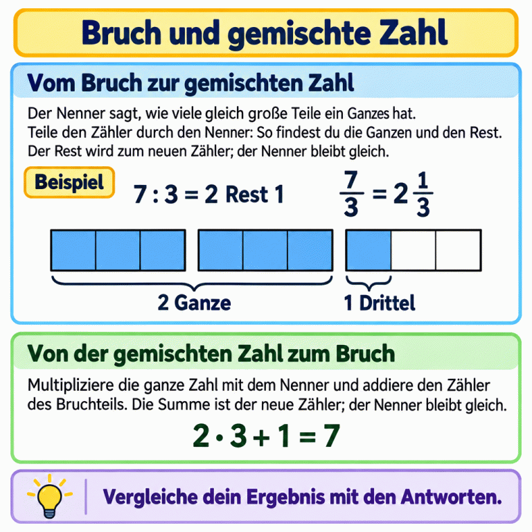 Ein Beispiel zeigt 7/3 = 2 1/3. Zwei in Drittel geteilte Einheiten sind vollständig markiert, bei einer weiteren ist ein Drittel markiert. Vorwärts ergibt 7 : 3 zwei Ganze und Rest 1; rückwärts ergibt 2 · 3 + 1 wieder 7. Bruch und gemischte Zahl Vom Bruch zur gemischten Zahl: Der Nenner sagt, wie viele gleich große Teile ein Ganzes hat. Teile den Zähler durch den Nenner: So findest du die Ganzen und den Rest. Der Rest wird zum neuen Zähler; der Nenner bleibt gleich. Von der gemischten Zahl zum Bruch: Multipliziere die ganze Zahl mit dem Nenner und addiere den Zähler des Bruchteils. Die Summe ist der neue Zähler; der Nenner bleibt gleich. Vergleiche dein Ergebnis mit den Antworten. Beispiel 7 : 3 = 2 Rest 1 7/3 = 2 1/3 2 Ganze 1 Drittel 2 · 3 + 1 = 7