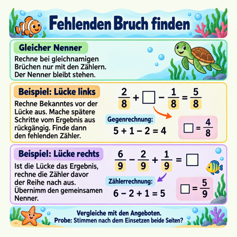 Unterwasser-Lernkarte zu gleichnamigen Brüchen. Der Nenner bleibt in jeder Rechnung gleich; gerechnet wird mit den Zählern. Ein Beispiel findet einen fehlenden Bruch durch Gegenrechnen, ein zweites berechnet den fehlenden Ergebnisbruch. Zum Schluss wird ans Einsetzen und Prüfen erinnert. Fehlenden Bruch finden Gleicher Nenner: Rechne bei gleichnamigen Brüchen nur mit den Zählern. Der Nenner bleibt stehen. Beispiel: Lücke links: Rechne Bekanntes vor der Lücke aus. Mache spätere Schritte vom Ergebnis aus rückgängig. Finde dann den fehlenden Zähler. Beispiel: Lücke rechts: Ist die Lücke das Ergebnis, rechne die Zähler davor der Reihe nach aus. Übernimm den gemeinsamen Nenner. Vergleiche mit den Angeboten. Probe: Stimmen nach dem Einsetzen beide Seiten? 2/8 + □ − 1/8 = 5/8 5 + 1 − 2 = 4 □ = 4/8 6/9 − 2/9 + 1/9 = □ 6 − 2 + 1 = 5 □ = 5/9 Gegenrechnung: Zählerrechnung:
