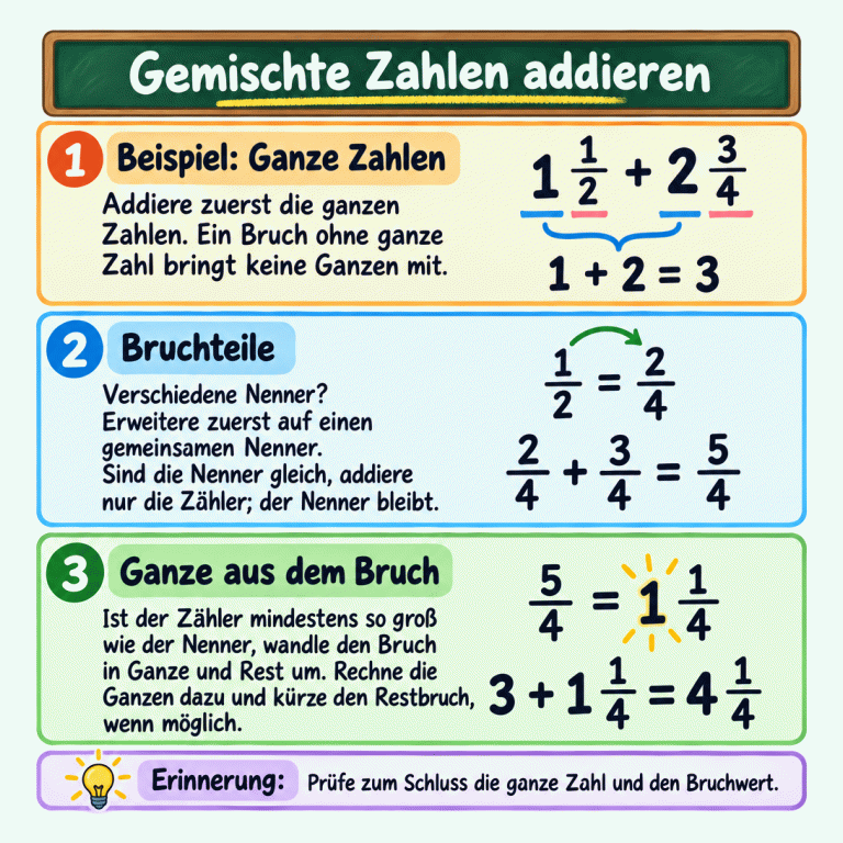 Eine Tafel führt durch ein Rechenbeispiel: Ein Ganzes und ein Halb plus zwei Ganze und drei Viertel. Zuerst werden die ganzen Zahlen zu drei addiert. Ein Halb wird zu zwei Vierteln; zusammen mit drei Vierteln sind das fünf Viertel. Daraus werden ein Ganzes und ein Viertel. Insgesamt ergeben sich vier Ganze und ein Viertel. Gemischte Zahlen addieren Beispiel: Ganze Zahlen: Addiere zuerst die ganzen Zahlen. Ein Bruch ohne ganze Zahl bringt keine Ganzen mit. Bruchteile: Verschiedene Nenner? Erweitere zuerst auf einen gemeinsamen Nenner. Sind die Nenner gleich, addiere nur die Zähler; der Nenner bleibt. Ganze aus dem Bruch: Ist der Zähler mindestens so groß wie der Nenner, wandle den Bruch in Ganze und Rest um. Rechne die Ganzen dazu und kürze den Restbruch, wenn möglich. Prüfe zum Schluss die ganze Zahl und den Bruchwert. 1 1/2 + 2 3/4 1 + 2 = 3 1/2 = 2/4 2/4 + 3/4 = 5/4 5/4 = 1 1/4 3 + 1 1/4 = 4 1/4 1 2 3 Erinnerung: