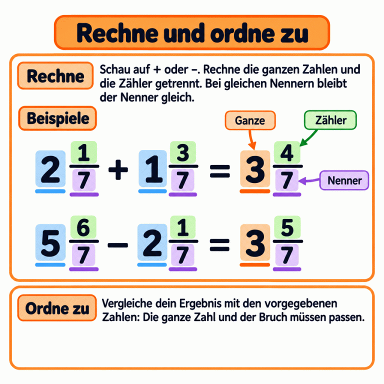 Zwei gekennzeichnete Beispielrechnungen: Zwei Ganze und ein Siebtel plus ein Ganzes und drei Siebtel ergeben drei Ganze und vier Siebtel. Fünf Ganze und sechs Siebtel minus zwei Ganze und ein Siebtel ergeben drei Ganze und fünf Siebtel. Ganze Zahlen und Zähler werden getrennt berechnet; der gemeinsame Nenner bleibt. Beim Zuordnen müssen die ganze Zahl und der Bruch passen. Rechne und ordne zu Rechne: Schau auf + oder −. Rechne die ganzen Zahlen und die Zähler getrennt. Bei gleichen Nennern bleibt der Nenner gleich. Ordne zu: Vergleiche dein Ergebnis mit den vorgegebenen Zahlen: Die ganze Zahl und der Bruch müssen passen. Beispiele 2 1/7 + 1 3/7 = 3 4/7 5 6/7 − 2 1/7 = 3 5/7 Ganze Zähler Nenner