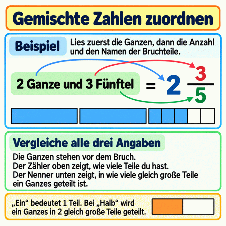 Eine Karte zeigt als Beispiel „2 Ganze und 3 Fünftel“ und daneben eine gemischte Zahl mit 2 vor dem Bruch, 3 oben und 5 unten. Darunter sind zwei ganze Balken und drei von fünf gleich großen Teilen eines dritten Balkens markiert. Ein getrennter Balken zeigt einen von zwei gleich großen Teilen für „ein Halb“. Der Text erklärt, wie Ganze, Zähler und Nenner verglichen werden. Gemischte Zahlen zuordnen Beispiel: Lies zuerst die Ganzen, dann die Anzahl und den Namen der Bruchteile. Vergleiche alle drei Angaben: Die Ganzen stehen vor dem Bruch. Der Zähler oben zeigt, wie viele Teile du hast. Der Nenner unten zeigt, in wie viele gleich große Teile ein Ganzes geteilt ist. „Ein“ bedeutet 1 Teil. Bei „Halb“ wird ein Ganzes in 2 gleich große Teile geteilt. 2 Ganze und 3 Fünftel = 2 3 5