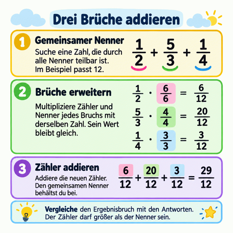 Eine Beispielrechnung zeigt die Addition dreier Brüche mit verschiedenen Nennern. Jeder Bruch wird mit demselben Faktor in Zähler und Nenner auf Zwölftel erweitert. Anschließend werden die drei neuen Zähler addiert; der Nenner bleibt zwölf. Drei Brüche addieren Gemeinsamer Nenner: Suche eine Zahl, die durch alle Nenner teilbar ist. Im Beispiel passt 12. Brüche erweitern: Multipliziere Zähler und Nenner jedes Bruchs mit derselben Zahl. Sein Wert bleibt gleich. Zähler addieren: Addiere die neuen Zähler. Den gemeinsamen Nenner behältst du bei. Vergleiche den Ergebnisbruch mit den Antworten. Der Zähler darf größer als der Nenner sein. 1/2 + 5/3 + 1/4 1/2 · 6/6 = 6/12 5/3 · 4/4 = 20/12 1/4 · 3/3 = 3/12 6/12 + 20/12 + 3/12 = 29/12 1 2 3