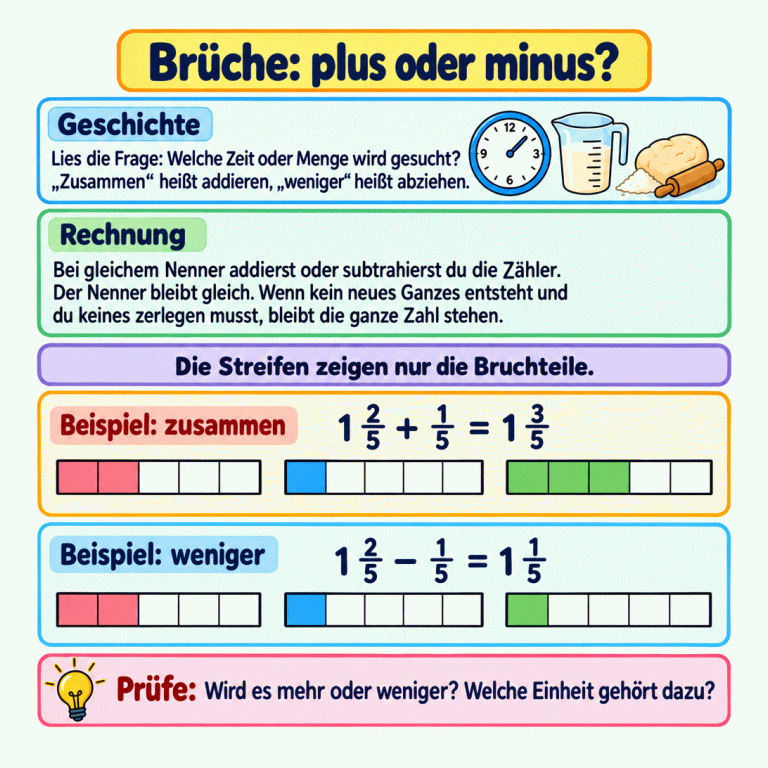 Lernkarte zu Brüchen in Rechengeschichten: „zusammen“ bedeutet addieren, „weniger“ abziehen. Zwei Beispiele mit Fünftelstreifen zeigen 1 2/5 + 1/5 = 1 3/5 und 1 2/5 − 1/5 = 1 1/5. Die markierten Teile veranschaulichen die veränderten Zähler; der Nenner und die ganze Zahl bleiben hier gleich. Brüche: plus oder minus? Geschichte: Lies die Frage: Welche Zeit oder Menge wird gesucht? „Zusammen“ heißt addieren, „weniger“ heißt abziehen. Rechnung: Bei gleichem Nenner addierst oder subtrahierst du die Zähler. Der Nenner bleibt gleich. Wenn kein neues Ganzes entsteht und du keines zerlegen musst, bleibt die ganze Zahl stehen. Prüfe: Wird es mehr oder weniger? Welche Einheit gehört dazu? Die Streifen zeigen nur die Bruchteile. Beispiel: zusammen 1 2/5 + 1/5 = 1 3/5 Beispiel: weniger 1 2/5 − 1/5 = 1 1/5 12 9 3 6