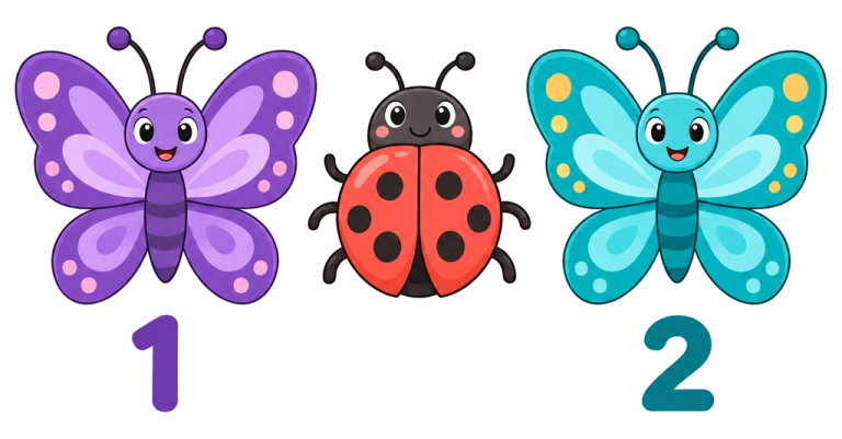 Links ein Schmetterling mit der Zählziffer 1, in der Mitte ein Käfer ohne Zählziffer und rechts ein Schmetterling mit der Zählziffer 2.
