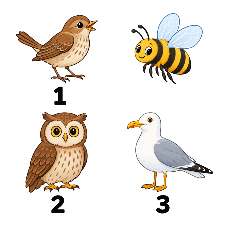 Im Viererfeld stehen oben links ein Singvogel mit 1 und oben rechts eine Biene ohne Zahl; unten links eine Eule mit 2 und unten rechts eine Möwe mit 3.