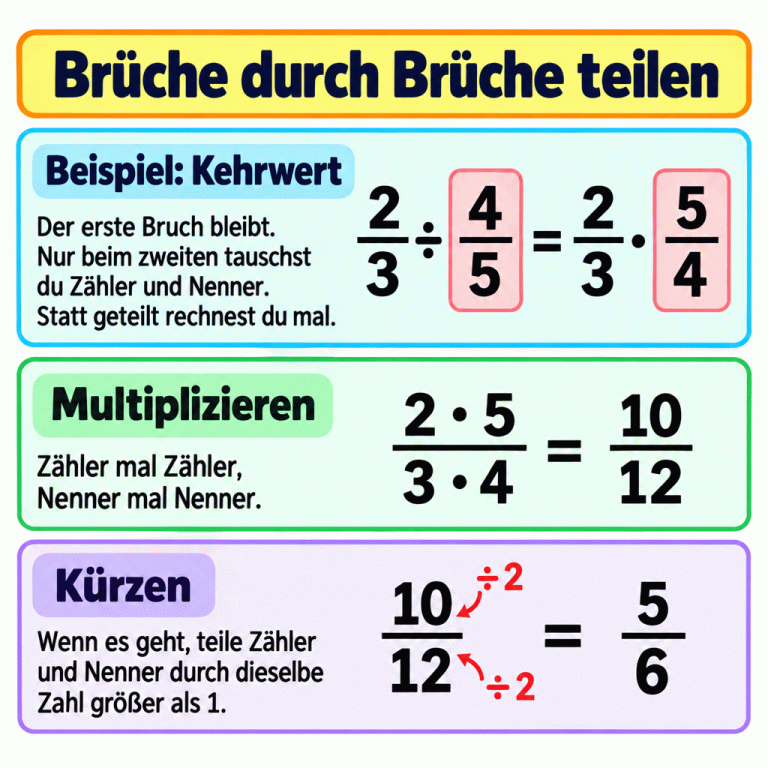 Ein Rechenbeispiel zeigt: Zwei Drittel geteilt durch vier Fünftel wird zu zwei Dritteln mal fünf Viertel. Zwei mal fünf im Zähler und drei mal vier im Nenner ergeben zehn Zwölftel. Werden Zähler und Nenner durch zwei geteilt, entstehen fünf Sechstel. Brüche durch Brüche teilen Beispiel: Kehrwert: Der erste Bruch bleibt. Nur beim zweiten tauschst du Zähler und Nenner. Statt geteilt rechnest du mal. Multiplizieren: Zähler mal Zähler, Nenner mal Nenner. Kürzen: Wenn es geht, teile Zähler und Nenner durch dieselbe Zahl größer als 1. 2 3 4 5 10 12 6 ÷ · = ÷ 2