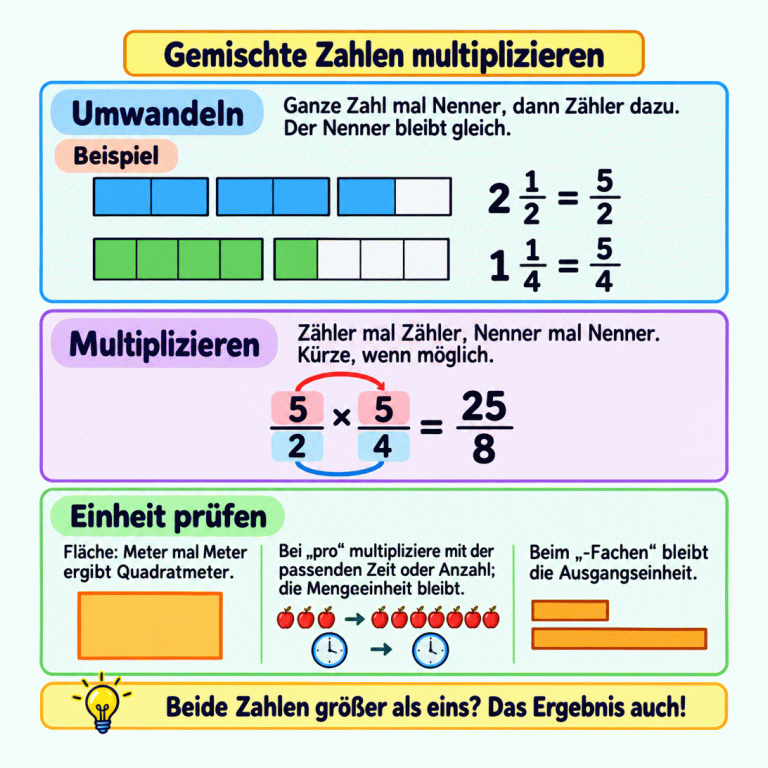 Lernkarte zum Multiplizieren gemischter Zahlen: Bruchstreifen zeigen beispielhaft die Umwandlungen 2 1/2 = 5/2 und 1 1/4 = 5/4. Darunter steht 5/2 × 5/4 = 25/8. Kurze Hinweise erklären die Ergebniseinheit bei Flächen, Angaben „pro“ und „-Fachen“. Gemischte Zahlen multiplizieren Umwandeln: Ganze Zahl mal Nenner, dann Zähler dazu. Der Nenner bleibt gleich. Multiplizieren: Zähler mal Zähler, Nenner mal Nenner. Kürze, wenn möglich. Einheit prüfen: Fläche: Meter mal Meter ergibt Quadratmeter. Bei „pro“ multipliziere mit der passenden Zeit oder Anzahl; die Mengeneinheit bleibt. Beim „-Fachen“ bleibt die Ausgangseinheit. Beide Zahlen größer als eins? Das Ergebnis auch! Beispiel 2 1/2 = 5/2 1 1/4 = 5/4 5/2 × 5/4 = 25/8