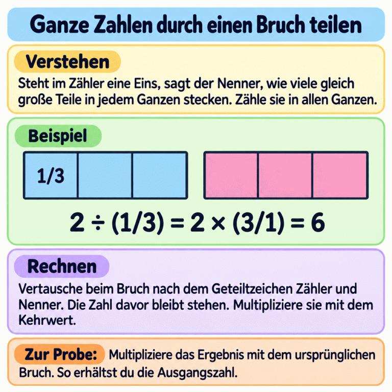 Zwei Ganze sind in je drei gleich große Teile geteilt. Ein Teil trägt die Beschriftung 1/3. Das Lehrbeispiel zeigt die Rechnung 2 ÷ (1/3) = 2 × (3/1) = 6. Der Begleittext erklärt das Zählen der Teile, den Kehrwert und die Probe. Ganze Zahlen durch einen Bruch teilen Verstehen: Steht im Zähler eine Eins, sagt der Nenner, wie viele gleich große Teile in jedem Ganzen stecken. Zähle sie in allen Ganzen. Rechnen: Vertausche beim Bruch nach dem Geteiltzeichen Zähler und Nenner. Die Zahl davor bleibt stehen. Multipliziere sie mit dem Kehrwert. Zur Probe: Multipliziere das Ergebnis mit dem ursprünglichen Bruch. So erhältst du die Ausgangszahl. Beispiel 1/3 2 ÷ (1/3) = 2 × (3/1) = 6