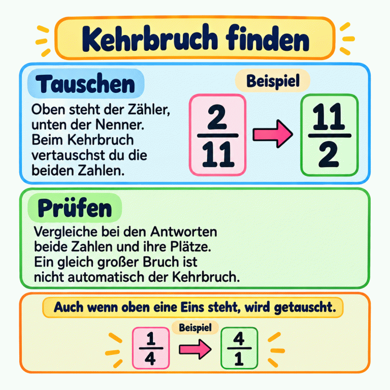 Zwei Beispiele zeigen das Vertauschen von Zähler und Nenner: Aus 2/11 wird 11/2, und aus 1/4 wird 4/1. Der Text erinnert daran, bei den Antworten beide Zahlen und ihre Plätze zu prüfen. Kehrbruch finden Tauschen: Oben steht der Zähler, unten der Nenner. Beim Kehrbruch vertauschst du die beiden Zahlen. Prüfen: Vergleiche bei den Antworten beide Zahlen und ihre Plätze. Ein gleich großer Bruch ist nicht automatisch der Kehrbruch. Auch wenn oben eine Eins steht, wird getauscht. Beispiel 2 11 1 4
