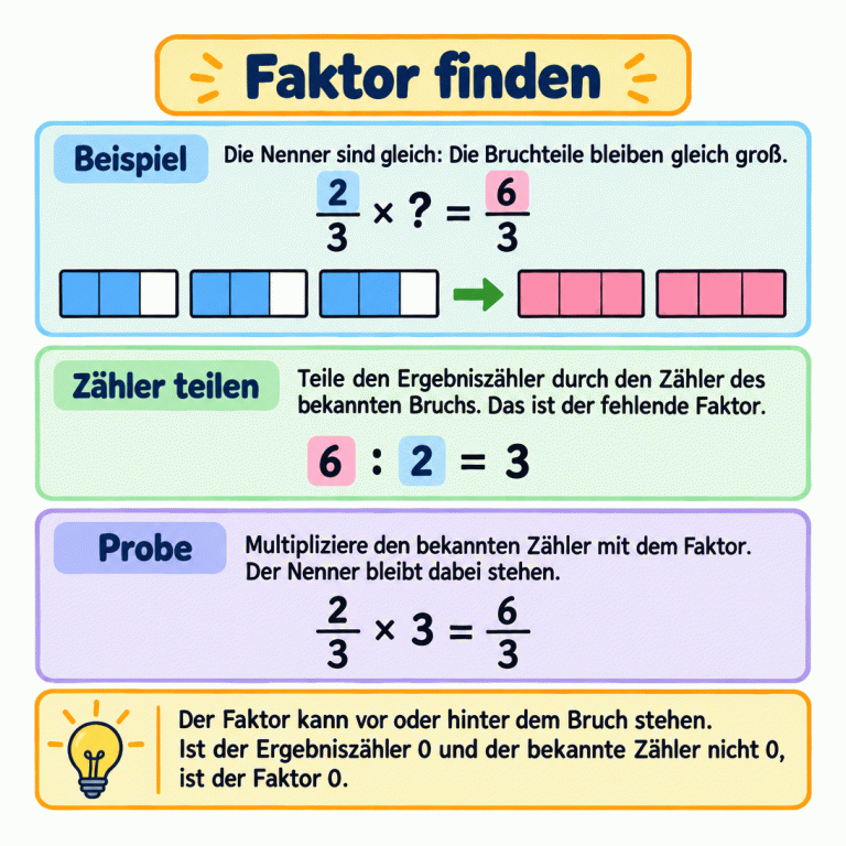 Lernkarte zum fehlenden Faktor: Im Beispiel werden drei Mengen von je zwei Dritteln zu sechs Dritteln zusammengefasst. Die Rechnung 6 : 2 = 3 liefert den Faktor; 2/3 × 3 = 6/3 prüft ihn. Ein Hinweis erklärt beide Faktorstellungen und den Sonderfall mit Ergebniszähler null. Faktor finden Beispiel: Die Nenner sind gleich: Die Bruchteile bleiben gleich groß. Zähler teilen: Teile den Ergebniszähler durch den Zähler des bekannten Bruchs. Das ist der fehlende Faktor. Probe: Multipliziere den bekannten Zähler mit dem Faktor. Der Nenner bleibt dabei stehen. Der Faktor kann vor oder hinter dem Bruch stehen. Ist der Ergebniszähler 0 und der bekannte Zähler nicht 0, ist der Faktor 0. 2/3 × ? = 6/3 6 : 2 = 3 2/3 × 3 = 6/3