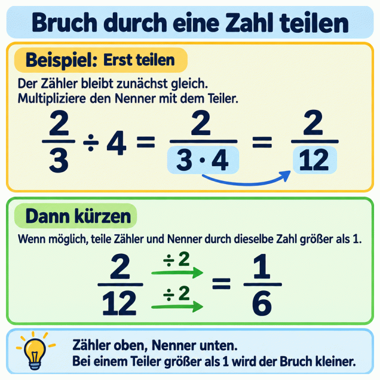 Die Lernkarte zeigt ein Beispiel: Zwei Drittel geteilt durch vier ergeben zunächst zwei Zwölftel. Zuerst wird nur der Nenner mit vier multipliziert. Danach werden Zähler und Nenner durch zwei geteilt; das Ergebnis ist ein Sechstel. Bruch durch eine Zahl teilen Beispiel: Erst teilen: Der Zähler bleibt zunächst gleich. Multipliziere den Nenner mit dem Teiler. Dann kürzen: Wenn möglich, teile Zähler und Nenner durch dieselbe Zahl größer als 1. Zähler oben, Nenner unten. Bei einem Teiler größer als 1 wird der Bruch kleiner. 2 3 ÷ 4 = 3 · 4 12 1 6 ÷ 2