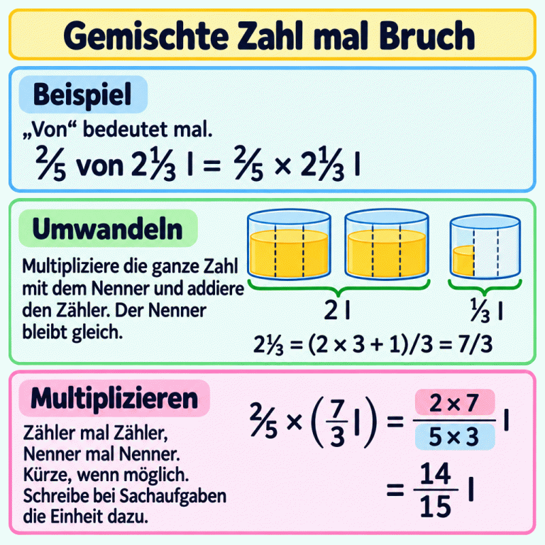 Lernkarte zur Multiplikation eines Bruchteils mit einer gemischten Zahl. Im Beispiel werden zwei Ganze und ein weiteres Drittel zu sieben Dritteln umgewandelt. Danach zeigt die Rechnung: ⅖ von 2⅓ Litern sind 14/15 Liter. Gemischte Zahl mal Bruch Beispiel: „Von“ bedeutet mal. Umwandeln: Multipliziere die ganze Zahl mit dem Nenner und addiere den Zähler. Der Nenner bleibt gleich. Multiplizieren: Zähler mal Zähler, Nenner mal Nenner. Kürze, wenn möglich. Schreibe bei Sachaufgaben die Einheit dazu. ⅖ von 2⅓ l = ⅖ × 2⅓ l 2 l ⅓ l 2⅓ = (2 × 3 + 1)/3 = 7/3 ⅖ × (7/3 l) = (2 × 7)/(5 × 3) l = 14/15 l