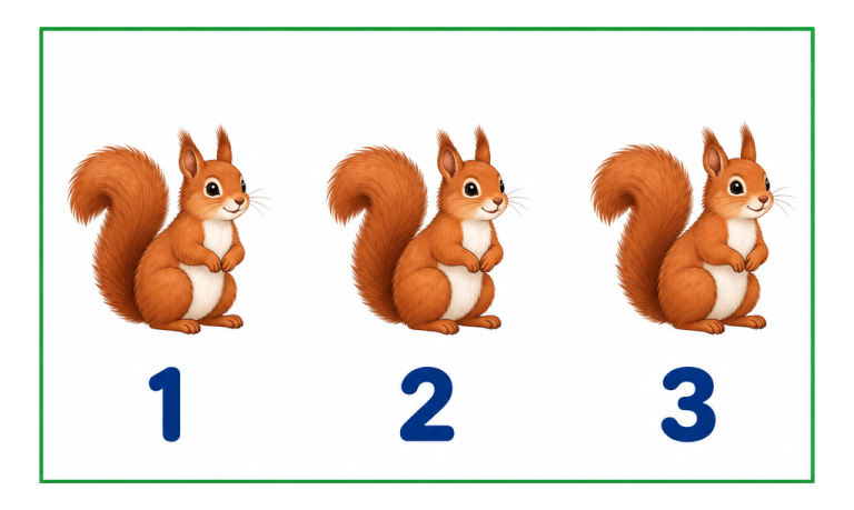 Drei Eichhörnchen stehen nebeneinander in einem Bildfeld; darunter markieren 1, 2 und 3 die Zählreihenfolge.