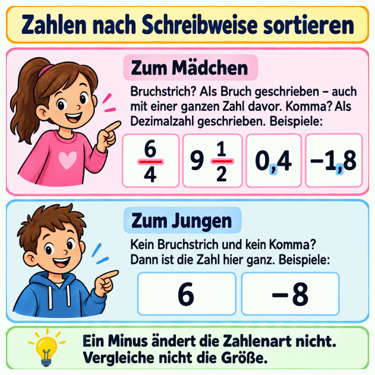Lernkarte mit zwei Beispielgruppen: Beim Mädchen stehen Brüche mit Bruchstrich und Dezimalzahlen mit Komma, darunter auch eine negative Dezimalzahl. Beim Jungen stehen positive und negative ganze Zahlen ohne Bruchstrich und Komma. Ein Minuszeichen allein entscheidet die Zuordnung nicht. Zahlen nach Schreibweise sortieren Zum Mädchen: Bruchstrich? Als Bruch geschrieben – auch mit einer ganzen Zahl davor. Komma? Als Dezimalzahl geschrieben. Beispiele: Zum Jungen: Kein Bruchstrich und kein Komma? Dann ist die Zahl hier ganz. Beispiele: Ein Minus ändert die Zahlenart nicht. Vergleiche nicht die Größe. 6/4 9 1/2 0,4 –1,8 6 –8