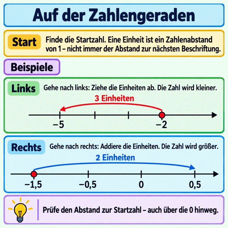 Zwei Beispiele auf Zahlengeraden. Oben geht ein Pfeil von −2 drei Einheiten nach links bis −5; zwei Einheitsstriche dazwischen sind unbeschriftet. Unten geht ein Pfeil von −1,5 zwei Einheiten nach rechts bis 0,5. Er führt über −0,5 und die 0; die 0 liegt auf halbem Weg zwischen −0,5 und 0,5. Links werden Einheiten abgezogen, rechts addiert. Auf der Zahlengeraden Start: Finde die Startzahl. Eine Einheit ist ein Zahlenabstand von 1 – nicht immer der Abstand zur nächsten Beschriftung. Links: Gehe nach links: Ziehe die Einheiten ab. Die Zahl wird kleiner. Rechts: Gehe nach rechts: Addiere die Einheiten. Die Zahl wird größer. Prüfe den Abstand zur Startzahl – auch über die 0 hinweg. Beispiele −5 −2 3 Einheiten −1,5 −0,5 0,5 2 Einheiten