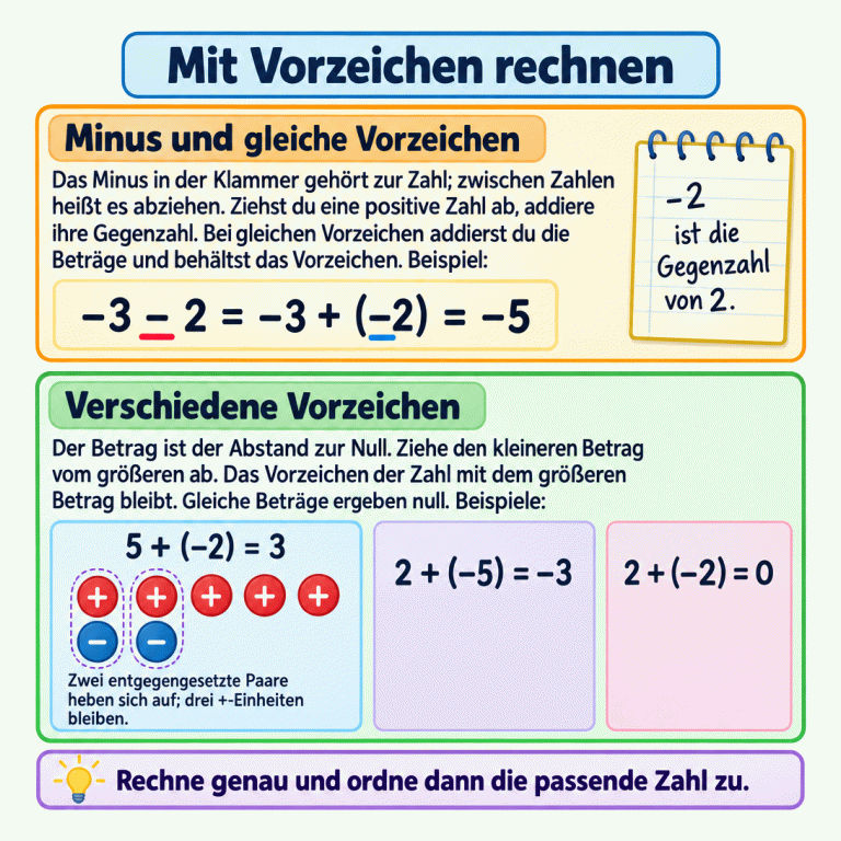 Quadratische Lernkarte zum Rechnen mit Vorzeichen: Ein Beispiel schreibt das Abziehen einer positiven Zahl als Addition ihrer negativen Gegenzahl um. Drei weitere Beispiele zeigen, wie bei verschiedenen Vorzeichen ein positives, negatives oder Null-Ergebnis entsteht. Fünf Plus- und zwei Minus-Plättchen veranschaulichen das Aufheben zweier Gegenpaare. Mit Vorzeichen rechnen Minus und gleiche Vorzeichen: Das Minus in der Klammer gehört zur Zahl; zwischen Zahlen heißt es abziehen. Ziehst du eine positive Zahl ab, addiere ihre Gegenzahl. Bei gleichen Vorzeichen addierst du die Beträge und behältst das Vorzeichen. Beispiel: Verschiedene Vorzeichen: Der Betrag ist der Abstand zur Null. Ziehe den kleineren Betrag vom größeren ab. Das Vorzeichen der Zahl mit dem größeren Betrag bleibt. Gleiche Beträge ergeben null. Beispiele: Rechne genau und ordne dann die passende Zahl zu. −3 − 2 = −3 + (−2) = −5 5 + (−2) = 3 2 + (−5) = −3 2 + (−2) = 0 + − −2 ist die Gegenzahl von 2. Zwei entgegengesetzte Paare heben sich auf; drei +-Einheiten bleiben.