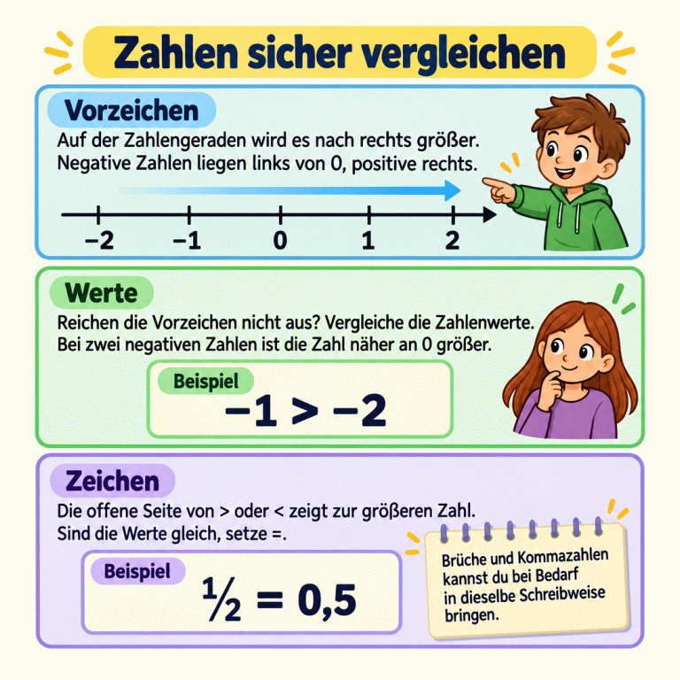 Lernkarte zum Zahlenvergleich. Auf einer Zahlengeraden stehen −2, −1, 0, 1 und 2 von links nach rechts; nach rechts werden die Werte größer. Bei zwei negativen Zahlen ist die nähere an 0 größer, zum Beispiel −1 > −2. Bruch und Kommazahl können gleich viel bedeuten, zum Beispiel 1/2 = 0,5. Die offene Seite von > oder < zeigt zur größeren Zahl. Zahlen sicher vergleichen Vorzeichen: Auf der Zahlengeraden wird es nach rechts größer. Negative Zahlen liegen links von 0, positive rechts. Werte: Reichen die Vorzeichen nicht aus? Vergleiche die Zahlenwerte. Bei zwei negativen Zahlen ist die Zahl näher an 0 größer. Zeichen: Die offene Seite von > oder < zeigt zur größeren Zahl. Sind die Werte gleich, setze =. Brüche und Kommazahlen kannst du bei Bedarf in dieselbe Schreibweise bringen. −2 −1 1 2 Beispiel −1 > −2 1/2 = 0,5