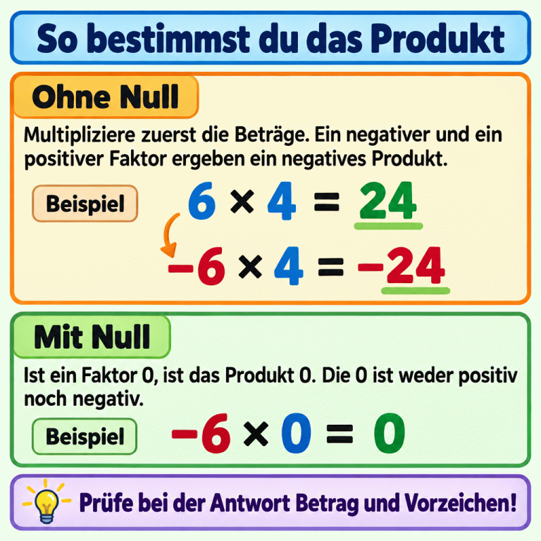 Zuerst wird der Betrag berechnet: 6 × 4 = 24. Bei −6 × 4 ist das Produkt deshalb −24. Steht ein Faktor auf 0, gilt stattdessen −6 × 0 = 0. So bestimmst du das Produkt Ohne Null: Multipliziere zuerst die Beträge. Ein negativer und ein positiver Faktor ergeben ein negatives Produkt. Mit Null: Ist ein Faktor 0, ist das Produkt 0. Die 0 ist weder positiv noch negativ. Prüfe bei der Antwort Betrag und Vorzeichen! Beispiel 6 × 4 = 24 −6 × 4 = −24 −6 × 0 = 0