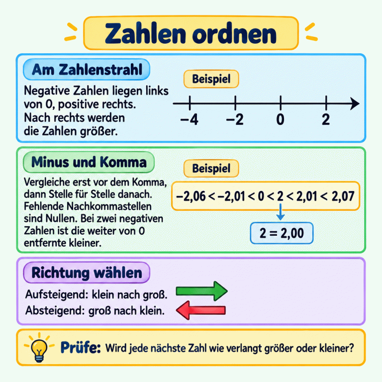 Eine Lernkarte zeigt am Zahlenstrahl −4, −2, 0 und 2. Eine zweite, nicht maßstäbliche Beispielreihe vergleicht negative und positive Dezimalzahlen, 0 und eine ganze Zahl; 2 = 2,00 zeigt das Ergänzen von Nullen. Der Text erklärt das Vergleichen und die auf- oder absteigende Reihenfolge. Zahlen ordnen Am Zahlenstrahl: Negative Zahlen liegen links von 0, positive rechts. Nach rechts werden die Zahlen größer. Minus und Komma: Vergleiche erst vor dem Komma, dann Stelle für Stelle danach. Fehlende Nachkommastellen sind Nullen. Bei zwei negativen Zahlen ist die weiter von 0 entfernte kleiner. Richtung wählen: Aufsteigend: klein nach groß. Absteigend: groß nach klein. Prüfe: Wird jede nächste Zahl wie verlangt größer oder kleiner? Beispiel −4 −2 2 −2,06 < −2,01 < 0 < 2 < 2,01 < 2,07 2 = 2,00