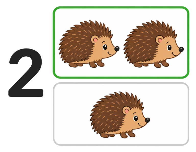 Links steht die 2. Rechts sind oben zwei Igel als passende Gruppe markiert; unten ist nur ein Igel.