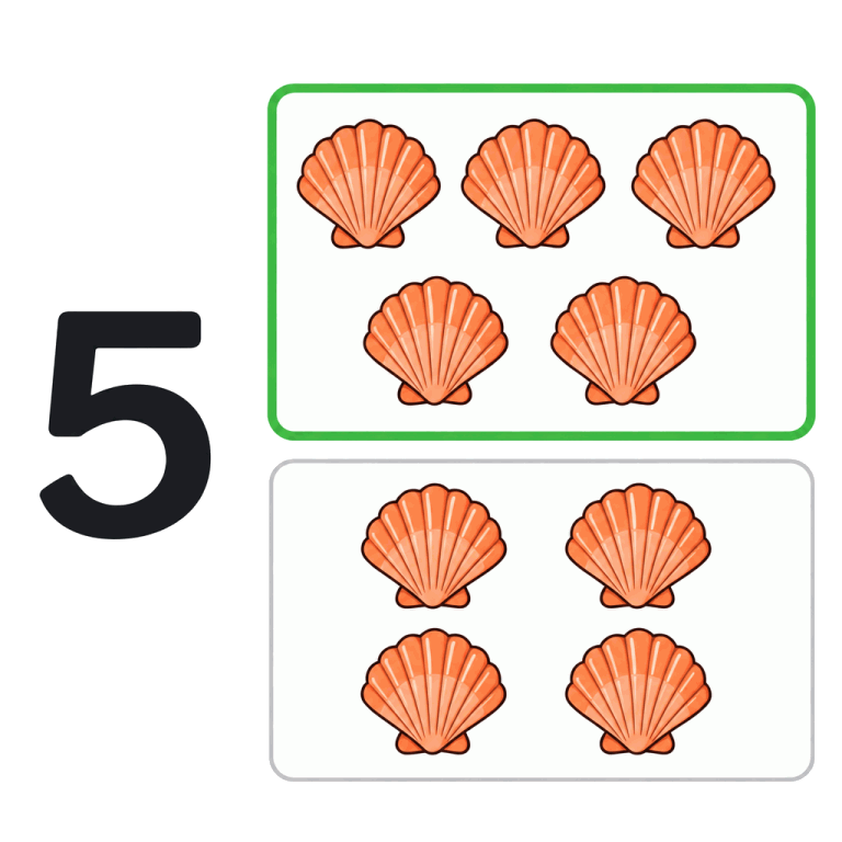 Links steht die 5. Rechts sind oben fünf Muscheln gemeinsam markiert, unten sind vier Muscheln ohne Markierung.