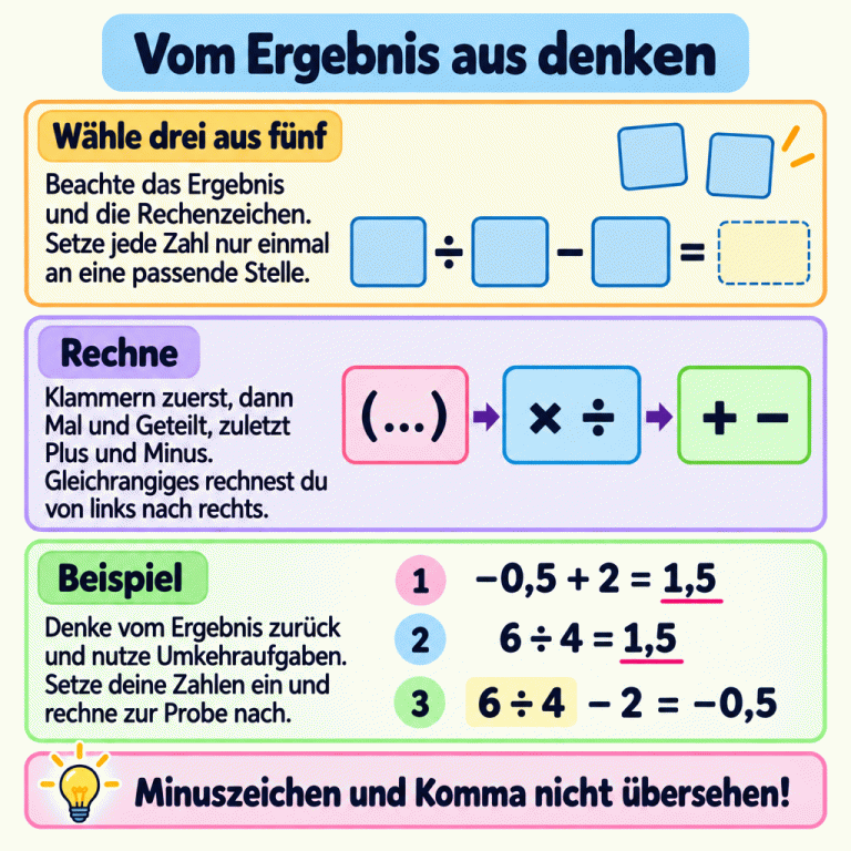 Von fünf Kärtchen liegen drei in Einsetzfeldern und zwei daneben. Die Übersicht zeigt: erst Klammern, dann Mal und Geteilt, zuletzt Plus und Minus. Bei gleichrangigen Rechenarten geht es von links nach rechts. Im Beispiel ergibt die Rückrechnung −0,5 + 2 = 1,5. Auch 6 ÷ 4 ergibt 1,5. Die Probe lautet 6 ÷ 4 − 2 = −0,5. Vom Ergebnis aus denken Wähle drei aus fünf: Beachte das Ergebnis und die Rechenzeichen. Setze jede Zahl nur einmal an eine passende Stelle. Rechne: Klammern zuerst, dann Mal und Geteilt, zuletzt Plus und Minus. Gleichrangiges rechnest du von links nach rechts. Beispiel: Denke vom Ergebnis zurück und nutze Umkehraufgaben. Setze deine Zahlen ein und rechne zur Probe nach. Minuszeichen und Komma nicht übersehen! (…) × ÷ + − −0,5 + 2 = 1,5 6 ÷ 4 = 1,5 6 ÷ 4 − 2 = −0,5 ÷ − = 1 2 3
