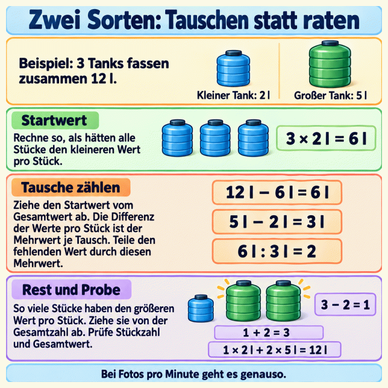 Ein Beispiel zur Tauschstrategie: Drei Tanks fassen zusammen 12 l. Ein kleiner Tank fasst 2 l, ein großer 5 l. Drei kleine Tanks würden 6 l fassen. Es fehlen 6 l; jeder Tausch bringt 3 l dazu. Deshalb sind im Beispiel zwei Tanks groß und einer klein. Die Probe ergibt drei Tanks und 12 l. Zwei Sorten: Tauschen statt raten Startwert: Rechne so, als hätten alle Stücke den kleineren Wert pro Stück. Tausche zählen: Ziehe den Startwert vom Gesamtwert ab. Die Differenz der Werte pro Stück ist der Mehrwert je Tausch. Teile den fehlenden Wert durch diesen Mehrwert. Rest und Probe: So viele Stücke haben den größeren Wert pro Stück. Ziehe sie von der Gesamtzahl ab. Prüfe Stückzahl und Gesamtwert. Bei Fotos pro Minute geht es genauso. Beispiel: 3 Tanks fassen zusammen 12 l. Kleiner Tank: 2 l Großer Tank: 5 l 3 × 2 l = 6 l 12 l − 6 l = 6 l 5 l − 2 l = 3 l 6 l : 3 l = 2 3 − 2 = 1 1 + 2 = 3 1 × 2 l + 2 × 5 l = 12 l