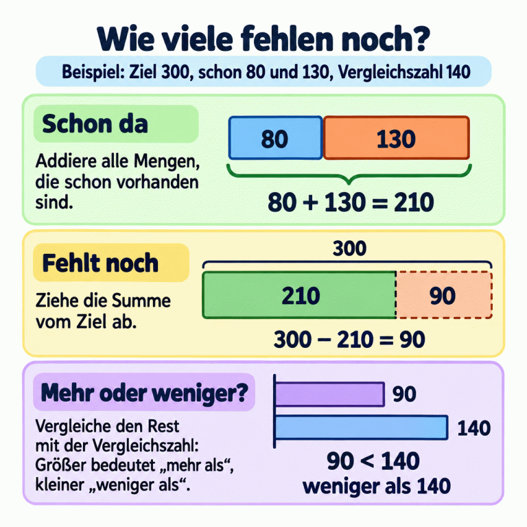 Ein Zahlenbeispiel zeigt drei Schritte: 80 und 130 ergeben zusammen 210. Von einem Ziel von 300 fehlen damit 90. Ein Vergleichsstreifen und die Rechnung zeigen: 90 ist kleiner als die Vergleichszahl 140. Wie viele fehlen noch? Schon da: Addiere alle Mengen, die schon vorhanden sind. Fehlt noch: Ziehe die Summe vom Ziel ab. Mehr oder weniger?: Vergleiche den Rest mit der Vergleichszahl: Größer bedeutet „mehr als“, kleiner „weniger als“. Beispiel: Ziel 300, schon 80 und 130, Vergleichszahl 140 80 + 130 = 210 300 − 210 = 90 90 < 140 weniger als 140 80 130 300 210 90 90 140