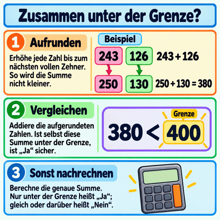 Eine Lernkarte zeigt ein Rechenbeispiel: 243 und 126 werden nach oben zu 250 und 130 erhöht. Die obere Summe ist 380 und liegt unter der Beispielgrenze 400. Die Texte erklären: Reicht dieser sichere Vergleich nicht aus, wird die genaue Summe berechnet. Gleich der Grenze bedeutet nicht „weniger als“. Zusammen unter der Grenze? Aufrunden: Erhöhe jede Zahl bis zum nächsten vollen Zehner. So wird die Summe nicht kleiner. Vergleichen: Addiere die aufgerundeten Zahlen. Ist selbst diese Summe unter der Grenze, ist „Ja“ sicher. Sonst nachrechnen: Berechne die genaue Summe. Nur unter der Grenze heißt „Ja“; gleich oder darüber heißt „Nein“. Beispiel 243 + 126 250 + 130 = 380 380 < 400 Grenze 1 243 126 250 130 2 3