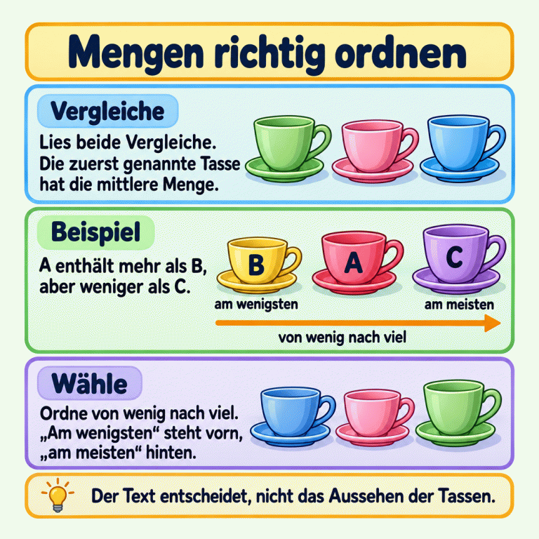 Drei mit B, A und C beschriftete Tassen veranschaulichen den Beispielsatz: A enthält mehr als B, aber weniger als C. Die erschlossene Reihenfolge führt von B über A zu C. B ist im Beispiel als kleinste, C als größte Menge gekennzeichnet. Für die Aufgaben sind die Aussagen im Text entscheidend. Mengen richtig ordnen Vergleiche: Lies beide Vergleiche. Die zuerst genannte Tasse hat die mittlere Menge. Beispiel: A enthält mehr als B, aber weniger als C. Wähle: Ordne von wenig nach viel. „Am wenigsten“ steht vorn, „am meisten“ hinten. Der Text entscheidet, nicht das Aussehen der Tassen. B A C am wenigsten am meisten von wenig nach viel