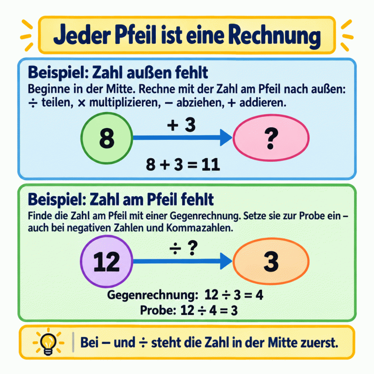 Zwei Beispiele für Rechenpfeile: Von 8 führt ein Pfeil mit + 3 zu einer fehlenden Außenzahl; darunter steht 8 + 3 = 11. Von 12 führt ein Pfeil mit ÷ ? zur Außenzahl 3. Die Gegenrechnung 12 ÷ 3 = 4 findet die Pfeilzahl, und 12 ÷ 4 = 3 prüft sie. Jeder Pfeil ist eine Rechnung Beispiel: Zahl außen fehlt: Beginne in der Mitte. Rechne mit der Zahl am Pfeil nach außen: ÷ teilen, × multiplizieren, − abziehen, + addieren. Beispiel: Zahl am Pfeil fehlt: Finde die Zahl am Pfeil mit einer Gegenrechnung. Setze sie zur Probe ein – auch bei negativen Zahlen und Kommazahlen. Bei − und ÷ steht die Zahl in der Mitte zuerst. 8 + 3 ? 8 + 3 = 11 12 ÷ ? 3 Gegenrechnung: 12 ÷ 3 = 4 Probe: 12 ÷ 4 = 3