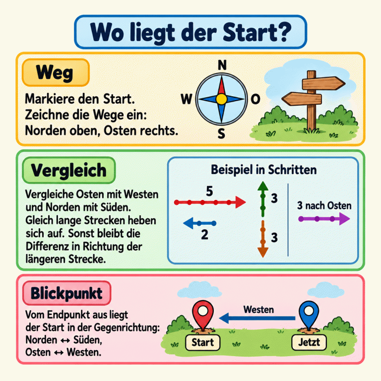 Eine Karte erklärt das Bestimmen einer Himmelsrichtung nach mehreren Wegen: Gegensätzliche Strecken werden verglichen, gleiche heben sich auf. Im gekennzeichneten Beispiel bleibt eine Bewegung nach Osten; vom jetzigen Ort aus liegt der Start in der Gegenrichtung Westen. Wo liegt der Start? Weg: Markiere den Start. Zeichne die Wege ein: Norden oben, Osten rechts. Vergleich: Vergleiche Osten mit Westen und Norden mit Süden. Gleich lange Strecken heben sich auf. Sonst bleibt die Differenz in Richtung der längeren Strecke. Blickpunkt: Vom Endpunkt aus liegt der Start in der Gegenrichtung: Norden ↔ Süden, Osten ↔ Westen. N S O W Beispiel in Schritten 5 2 3 3 nach Osten Start Jetzt Westen