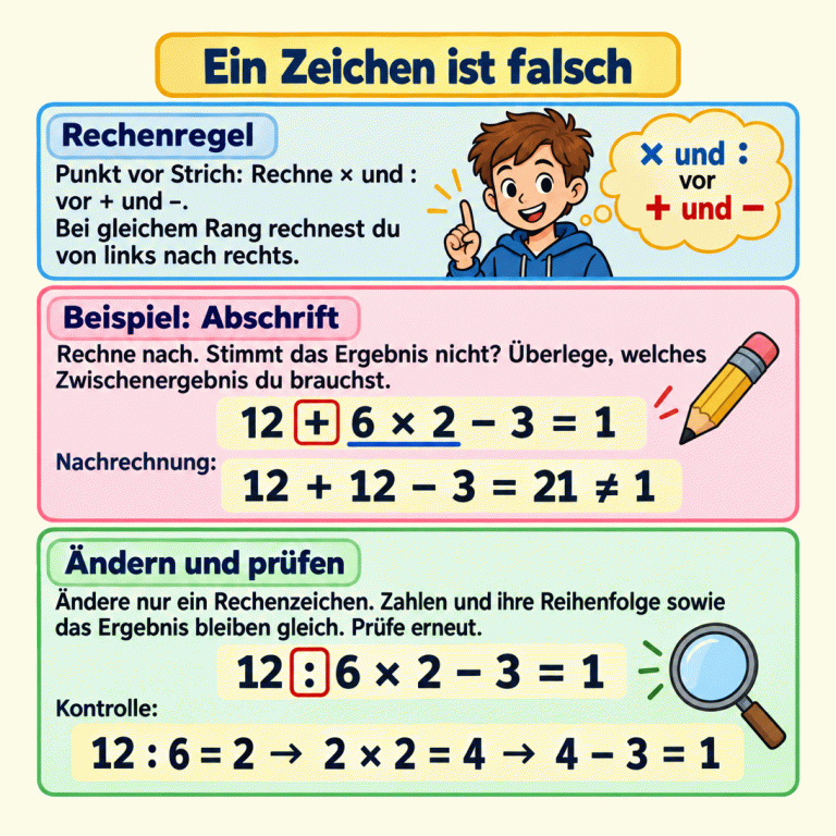 Lernkarte zu Rechenzeichen: Punkt vor Strich, bei gleichem Rang von links nach rechts. Im Beispiel ergibt die Abschrift 12 + 6 × 2 – 3 = 1 tatsächlich 21 statt 1. Wird nur das erste + durch : ersetzt, stimmt das vorgegebene Ergebnis: 12 : 6 × 2 – 3 = 1. Ein Zeichen ist falsch Rechenregel: Punkt vor Strich: Rechne × und : vor + und –. Bei gleichem Rang rechnest du von links nach rechts. Beispiel: Abschrift: Rechne nach. Stimmt das Ergebnis nicht? Überlege, welches Zwischenergebnis du brauchst. Ändern und prüfen: Ändere nur ein Rechenzeichen. Zahlen und ihre Reihenfolge sowie das Ergebnis bleiben gleich. Prüfe erneut. 12 + 6 × 2 – 3 = 1 12 + 12 – 3 = 21 ≠ 1 12 : 6 × 2 – 3 = 1 12 : 6 = 2 → 2 × 2 = 4 → 4 – 3 = 1 × und : vor + und – Nachrechnung: Kontrolle: