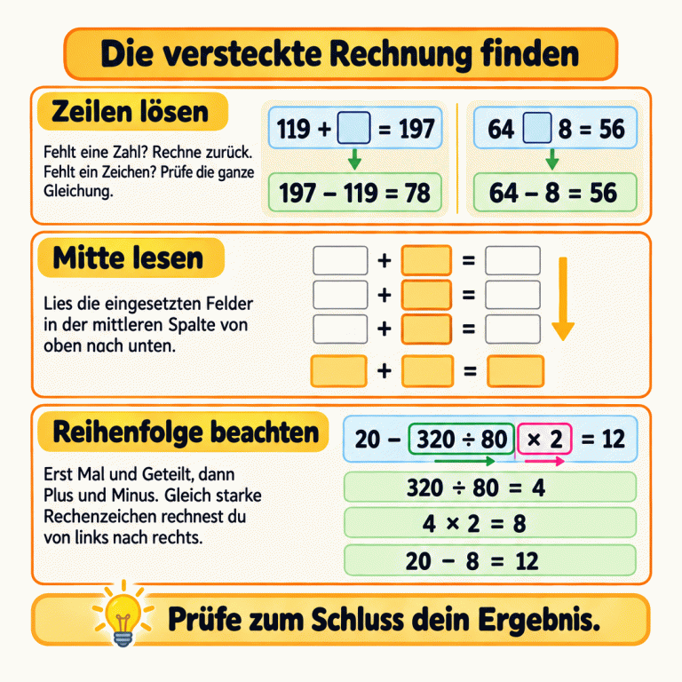 Mathekarte: Zwei Gleichungslücken werden durch Rückrechnen beziehungsweise Prüfen eines Rechenzeichens erklärt. Ein kleines Raster zeigt, dass die mittleren Felder von oben nach unten eine neue Aufgabe bilden. Eine Beispielrechnung zeigt: zuerst teilen, dann multiplizieren, zuletzt subtrahieren. Die versteckte Rechnung finden Zeilen lösen: Fehlt eine Zahl? Rechne zurück. Fehlt ein Zeichen? Prüfe die ganze Gleichung. Mitte lesen: Lies die eingesetzten Felder in der mittleren Spalte von oben nach unten. Reihenfolge beachten: Erst Mal und Geteilt, dann Plus und Minus. Gleich starke Rechenzeichen rechnest du von links nach rechts. Prüfe zum Schluss dein Ergebnis. 119 + □ = 197 197 − 119 = 78 64 □ 8 = 56 64 − 8 = 56 20 − 320 ÷ 80 × 2 = 12 320 ÷ 80 = 4 4 × 2 = 8 20 − 8 = 12 □ + □ = □ □ + □ = □ □ + □ = □ □ + □ = □