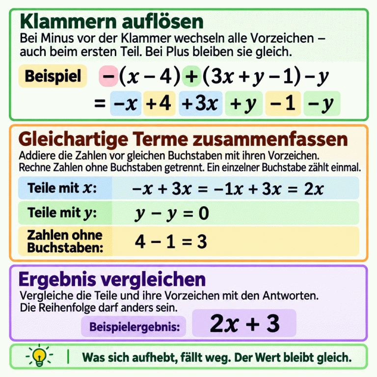 Die Lernkarte erklärt das Auflösen von Klammern und das Zusammenfassen gleichartiger Terme. Minus vor einer Klammer ändert alle inneren Vorzeichen, Plus lässt sie unverändert. Im gekennzeichneten Beispiel wird −(x − 4) + (3x + y − 1) − y zu −x + 4 + 3x + y − 1 − y. Getrennt gerechnet ergeben −x + 3x den Term 2x, y − y ergibt null und 4 − 1 ergibt 3. Das Beispielergebnis ist 2x + 3. Beim Vergleich mit den Antworten darf die Reihenfolge anders sein, solange jeder Teil sein Vorzeichen behält. Der Wert des Terms bleibt gleich. Klammern auflösen: Bei Minus vor der Klammer wechseln alle Vorzeichen – auch beim ersten Teil. Bei Plus bleiben sie gleich. Gleichartige Terme zusammenfassen: Addiere die Zahlen vor gleichen Buchstaben mit ihren Vorzeichen. Rechne Zahlen ohne Buchstaben getrennt. Ein einzelner Buchstabe zählt einmal. Ergebnis vergleichen: Vergleiche die Teile und ihre Vorzeichen mit den Antworten. Die Reihenfolge darf anders sein. Was sich aufhebt, fällt weg. Der Wert bleibt gleich. Beispiel −(x − 4) + (3x + y − 1) − y = −x + 4 + 3x + y − 1 − y −x + 3x = −1x + 3x = 2x y − y = 0 4 − 1 = 3 2x + 3 Teile mit x: Teile mit y: Zahlen ohne Buchstaben: Beispielergebnis: