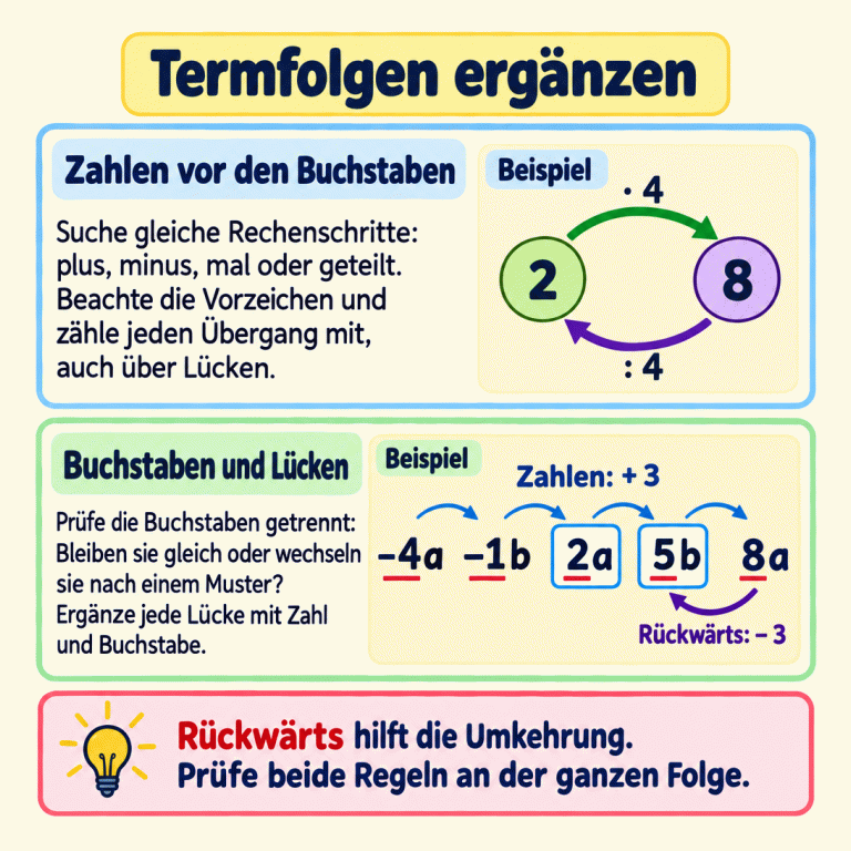 Zwei Lehrbeispiele zum Ergänzen von Termfolgen. Ein Zahlenpaar zeigt: 2 mal 4 ergibt 8; rückwärts ergibt 8 geteilt durch 4 die Zahl 2. In der Folge −4a, −1b, 2a, 5b, 8a steigen die Zahlen jeweils um 3, während a und b wechseln. Die ergänzten Terme 2a und 5b sind eingerahmt. Rückwärts führt minus 3 von der Zahl 8 zur Zahl 5. Der Text erklärt, Zahlen und Buchstaben getrennt zu prüfen, jeden Übergang mitzuzählen und beide Regeln an der ganzen Folge zu kontrollieren. Termfolgen ergänzen Zahlen vor den Buchstaben: Suche gleiche Rechenschritte: plus, minus, mal oder geteilt. Beachte die Vorzeichen und zähle jeden Übergang mit, auch über Lücken. Buchstaben und Lücken: Prüfe die Buchstaben getrennt: Bleiben sie gleich oder wechseln sie nach einem Muster? Ergänze jede Lücke mit Zahl und Buchstabe. Rückwärts hilft die Umkehrung. Prüfe beide Regeln an der ganzen Folge. Beispiel −4 −1 2 5 8 a b Zahlen: + 3 Rückwärts: − 3 · 4 : 4