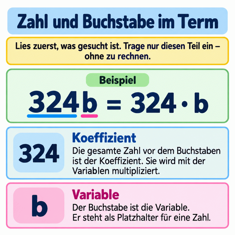 Die Lernkarte zeigt das Beispiel 324b. Das bedeutet 324 mal b. Die gesamte Zahl 324 ist der Koeffizient. Der Buchstabe b ist die Variable und steht als Platzhalter für eine Zahl. Lies zuerst die Aufgabe und trage nur den gesuchten Bestandteil ein, ohne etwas auszurechnen. Zahl und Buchstabe im Term Koeffizient: Die gesamte Zahl vor dem Buchstaben ist der Koeffizient. Sie wird mit der Variablen multipliziert. Variable: Der Buchstabe ist die Variable. Er steht als Platzhalter für eine Zahl. Lies zuerst, was gesucht ist. Trage nur diesen Teil ein – ohne zu rechnen. Beispiel 324 b = ·