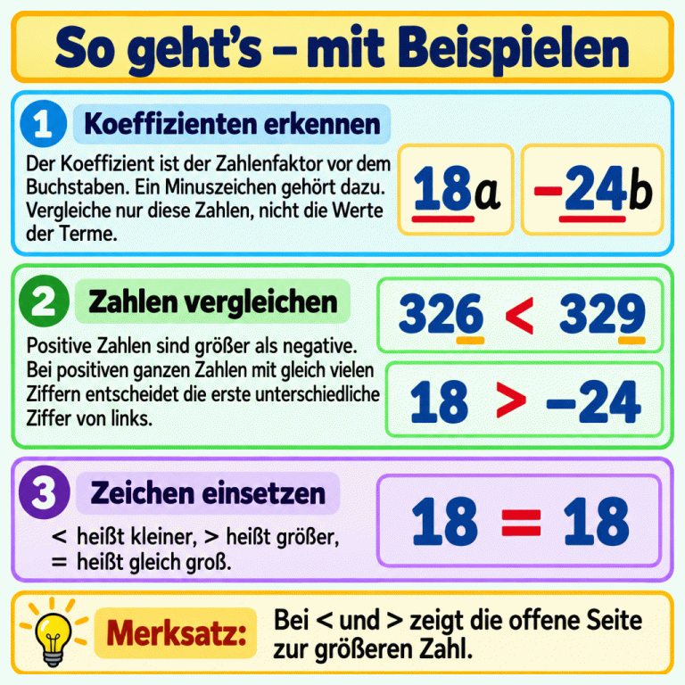 Die Lernkarte erklärt, wie du nur die Koeffizienten vergleichst. In den Beispieltermen 18a und −24b sind 18 und −24 die Zahlenfaktoren. Das Minuszeichen gehört dazu, die Buchstaben nicht. Bei positiven ganzen Zahlen mit gleich vielen Ziffern entscheidet die erste unterschiedliche Ziffer von links: 326 ist kleiner als 329. Eine positive Zahl ist größer als eine negative: 18 ist größer als −24. Gleiche Zahlen erhalten das Gleichheitszeichen: 18 ist gleich 18. Bei den Ungleichheitszeichen zeigt die offene Seite zur größeren Zahl. So geht’s – mit Beispielen Koeffizienten erkennen: Der Koeffizient ist der Zahlenfaktor vor dem Buchstaben. Ein Minuszeichen gehört dazu. Vergleiche nur diese Zahlen, nicht die Werte der Terme. Zahlen vergleichen: Positive Zahlen sind größer als negative. Bei positiven ganzen Zahlen mit gleich vielen Ziffern entscheidet die erste unterschiedliche Ziffer von links. Zeichen einsetzen: < heißt kleiner, > heißt größer, = heißt gleich groß. Bei < und > zeigt die offene Seite zur größeren Zahl. 18 a −24 b 326 < 329 > = 1 2 3 Merksatz: