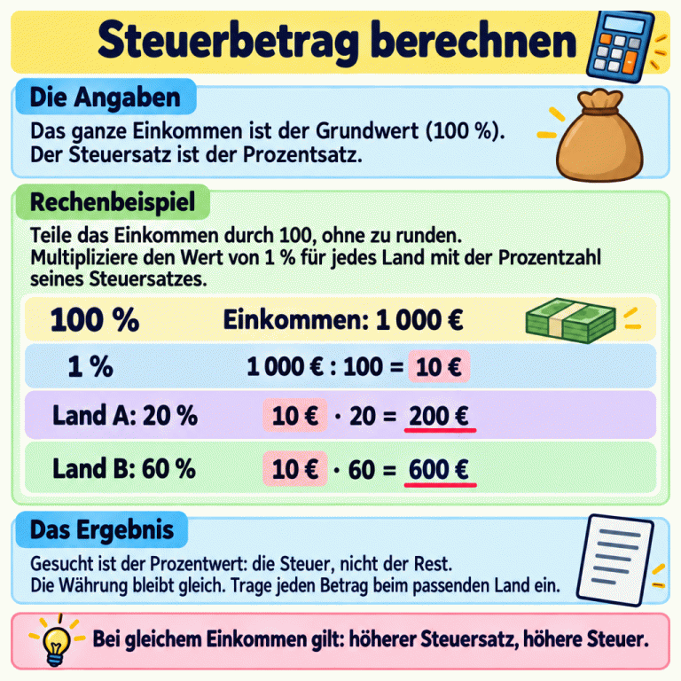 Lernkarte zur Steuerberechnung über 1 %. Das gesamte Einkommen ist der Grundwert und entspricht 100 %. Der Steuersatz ist der Prozentsatz, die gesuchte Steuer der Prozentwert. Im ausdrücklich gekennzeichneten Beispiel beträgt das Einkommen 1 000 €. Durch Teilen durch 100 erhält man 10 € für 1 %. Land A: 20 % ergeben 10 € mal 20, also 200 € Steuer. Land B: 60 % ergeben 10 € mal 60, also 600 € Steuer. Beide Länder verwenden dasselbe Einkommen. Die Währung bleibt gleich; jeder Betrag wird dem passenden Land zugeordnet. Gesucht ist die Steuer, nicht der Rest. Bei gleichem Einkommen führt der höhere Steuersatz zur höheren Steuer. Steuerbetrag berechnen Die Angaben: Das ganze Einkommen ist der Grundwert (100 %). Der Steuersatz ist der Prozentsatz. Rechenbeispiel: Teile das Einkommen durch 100, ohne zu runden. Multipliziere den Wert von 1 % für jedes Land mit der Prozentzahl seines Steuersatzes. Das Ergebnis: Gesucht ist der Prozentwert: die Steuer, nicht der Rest. Die Währung bleibt gleich. Trage jeden Betrag beim passenden Land ein. Bei gleichem Einkommen gilt: höherer Steuersatz, höhere Steuer. 100 % Einkommen: 1 000 € 1 % 1 000 € : 100 = 10 € Land A: 20 % 10 € · 20 = 200 € Land B: 60 % 10 € · 60 = 600 €