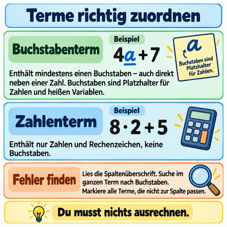 Zwei Lehrbeispiele: „4a + 7“ ist ein Buchstabenterm mit der Variablen a als Platzhalter für eine Zahl. Das a steht direkt neben der 4 und ist unterstrichen. „8 · 2 + 5“ ist ein Zahlenterm ohne Buchstaben. Prüfe die Spaltenüberschrift, suche im ganzen Term nach Buchstaben und markiere alle Terme, die nicht zur Spalte passen. Ausrechnen ist nicht nötig. Terme richtig zuordnen Buchstabenterm: Enthält mindestens einen Buchstaben – auch direkt neben einer Zahl. Buchstaben sind Platzhalter für Zahlen und heißen Variablen. Zahlenterm: Enthält nur Zahlen und Rechenzeichen, keine Buchstaben. Fehler finden: Lies die Spaltenüberschrift. Suche im ganzen Term nach Buchstaben. Markiere alle Terme, die nicht zur Spalte passen. Du musst nichts ausrechnen. Beispiel 4a + 7 8 · 2 + 5 a Buchstaben sind Platzhalter für Zahlen.